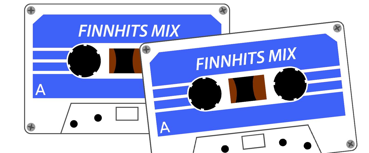 Kaksi sini-valkosävyistä c-kasettia, joissa päällä lukee Finnhits mix.