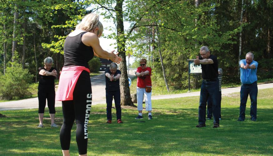 Senioreita puistossa kesällä jumppaamassa ja venyttelemässä